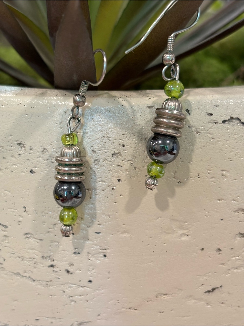 Handmade Silver Hematite and Green Bead Drop Earrings